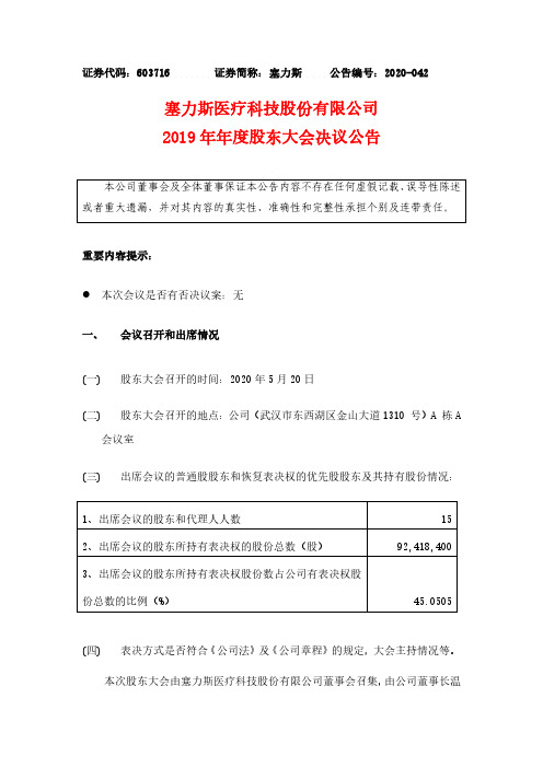 塞力斯：2019年年度股东大会决议公告