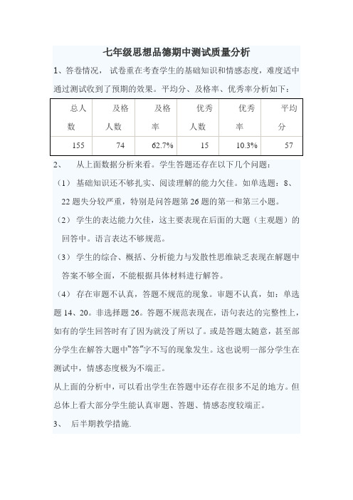 七年级思想品德期中测试质量分析   徐菁