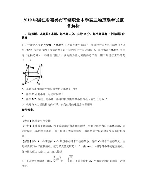 2019年浙江省嘉兴市平湖职业中学高三物理联考试题含解析