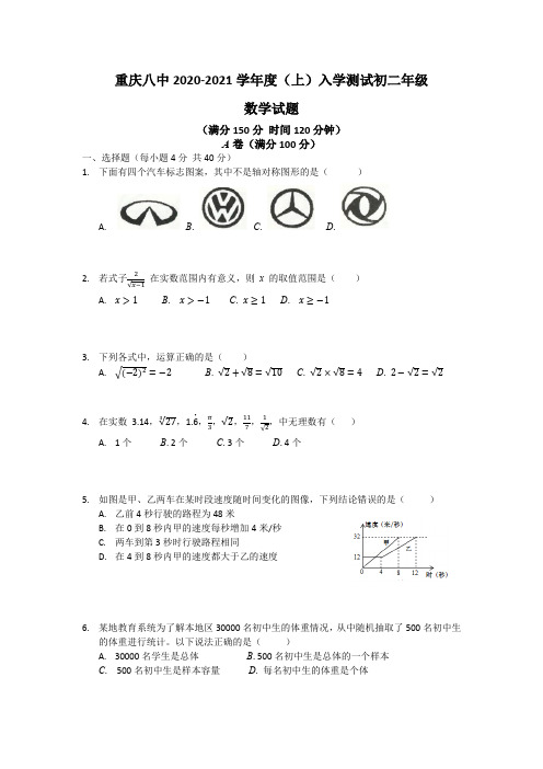 重庆八中2020-2021学年度(上)入学测试初二年级数学试题