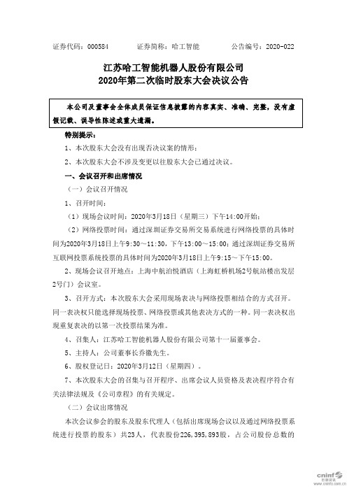 哈工智能：2020年第二次临时股东大会决议公告