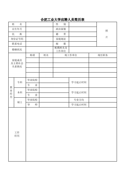 合肥工业大学应聘人员简历表