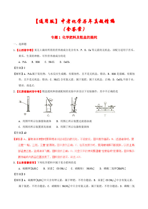 【通用版】2021年中考化学专题《化学肥料及粗盐的提纯》历年真题精编(含解析)