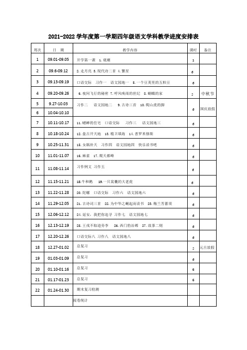 21-22四年级上学期语文教学进度表