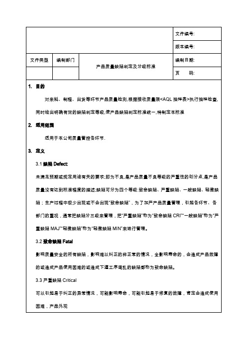 产品质量缺陷判定分级标准