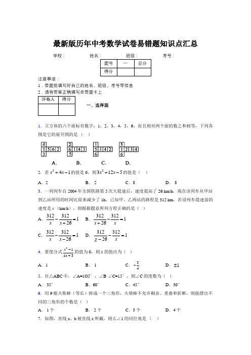 2019最新版历年中考数学试卷易错题知识点汇总885266