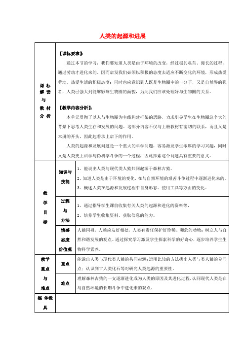 七年级生物下册第四单元第一章第一节人类的起源和进展教案新人教版