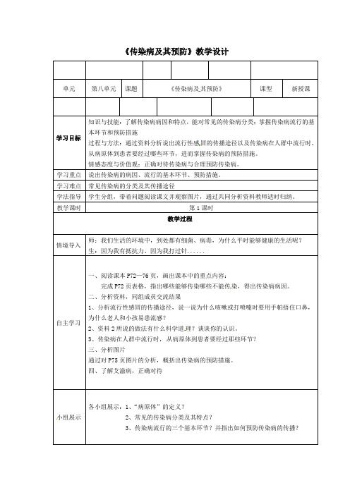 八年级生物下册教案-8.1.1传染病及其预防18-人教版