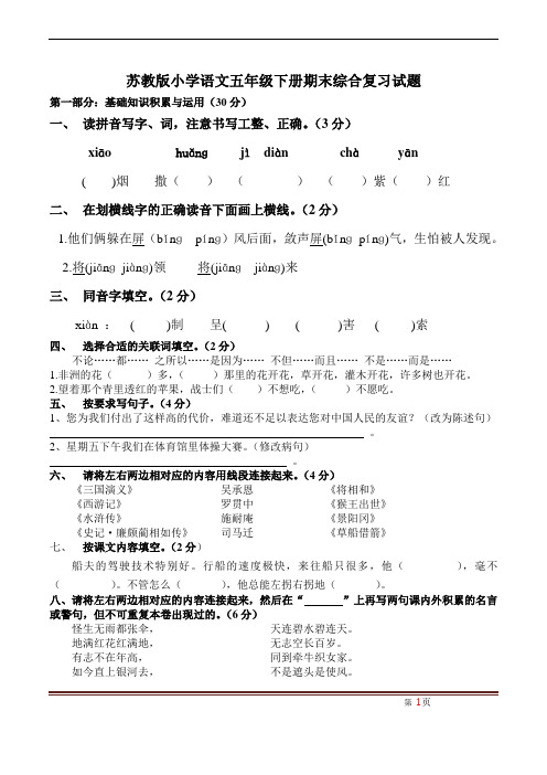 苏教版小学语文五年级下册期末综合复习试题