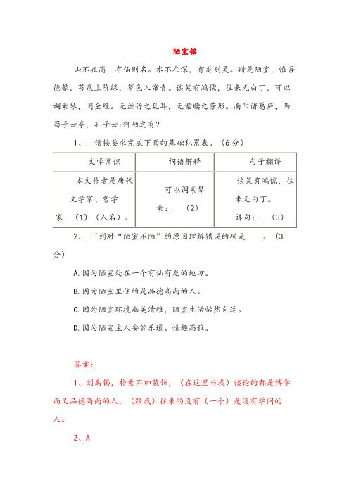 陋室铭(初中文言文阅读)