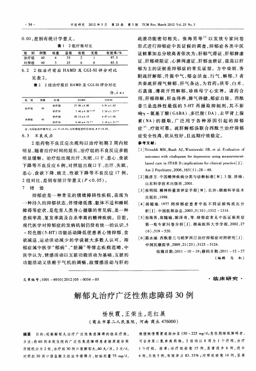 解郁丸治疗广泛性焦虑障碍30例