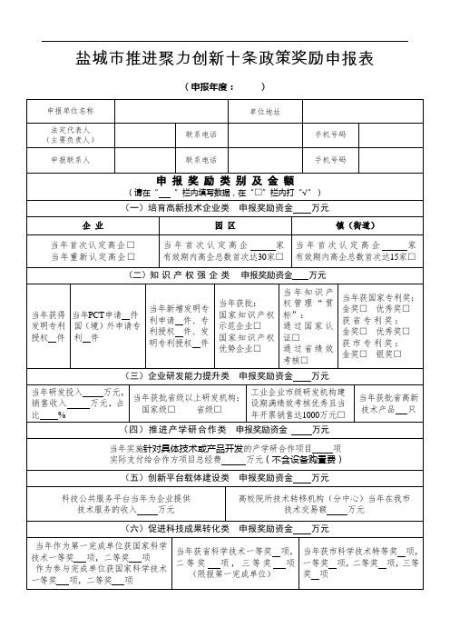 盐城市推进聚力创新十条政策奖励申报表