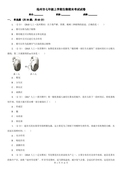 沧州市七年级上学期生物期末考试试卷