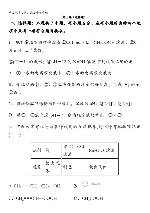 江西省上栗2016届高三总复习理科综合训练卷化学试题一 含答案