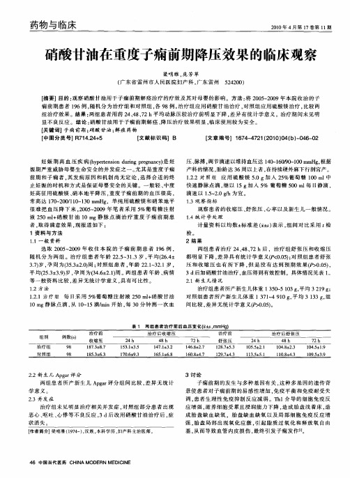 硝酸甘油在重度子痫前期降压效果的临床观察