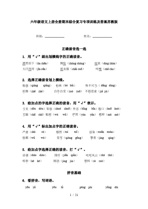 六年级语文上册全册期末综合复习专项训练及答案苏教版