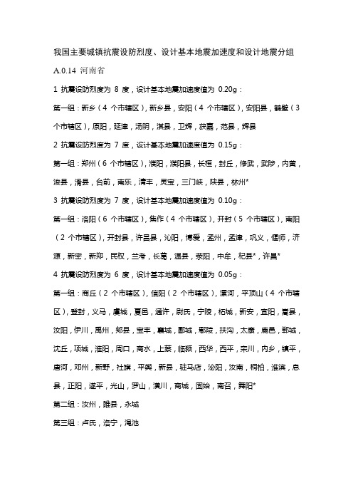 河南省抗震设防烈度及加速度