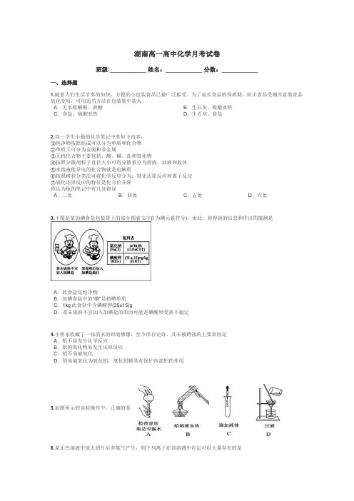 湖南高一高中化学月考试卷带答案解析
