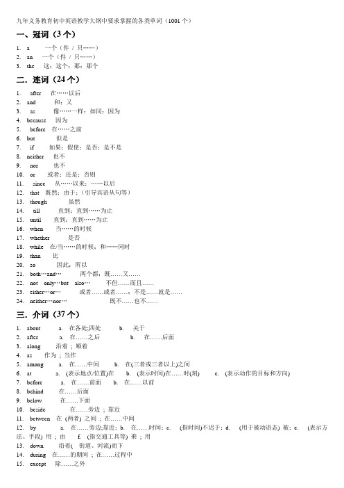 初中英语教学大纲中要求掌握的各类单词(1001个)