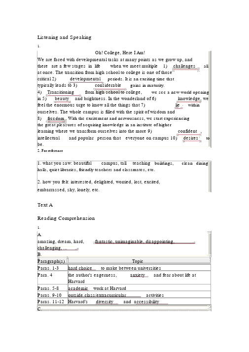 Unitone完整答案-新目标大学英语《综合教程》第一册