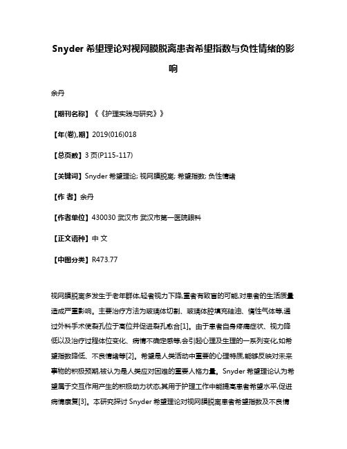 Snyder希望理论对视网膜脱离患者希望指数与负性情绪的影响