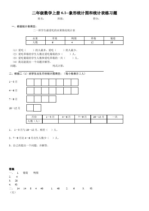 二年级数学上册--象形统计图和统计表练习题及答案