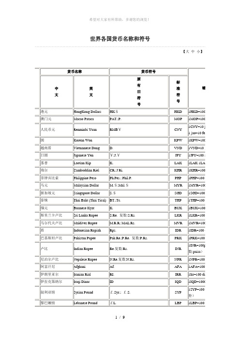 世界各国货币名称和符号(内部使用-禁止外传)