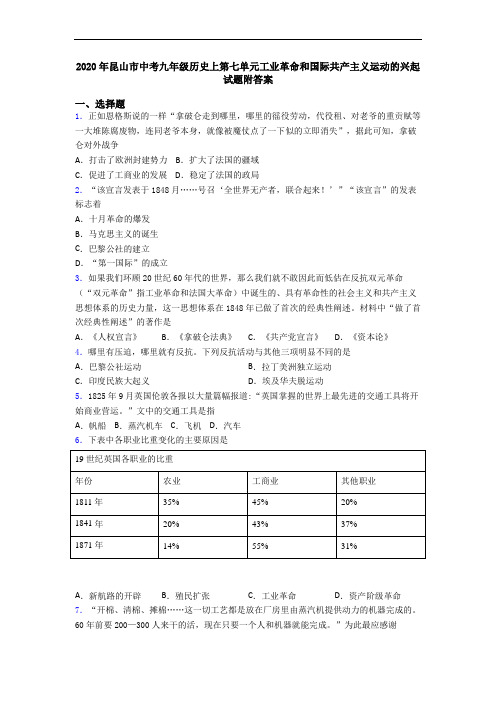 2020年昆山市中考九年级历史上第七单元工业革命和国际共产主义运动的兴起试题附答案