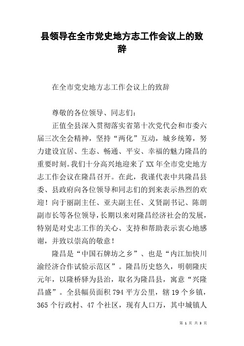县领导在全市党史地方志工作会议上的致辞