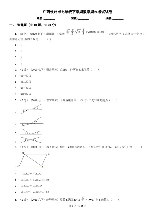 广西钦州市七年级下学期数学期末考试试卷