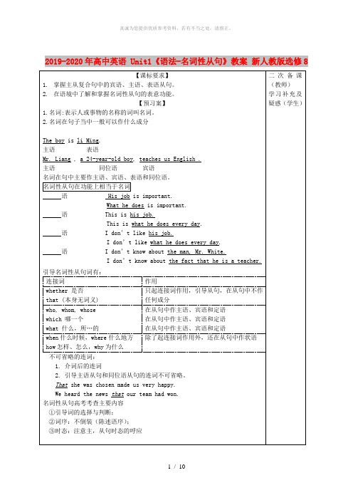 2019-2020年高中英语 Unit1《语法-名词性从句》教案 新人教版选修8