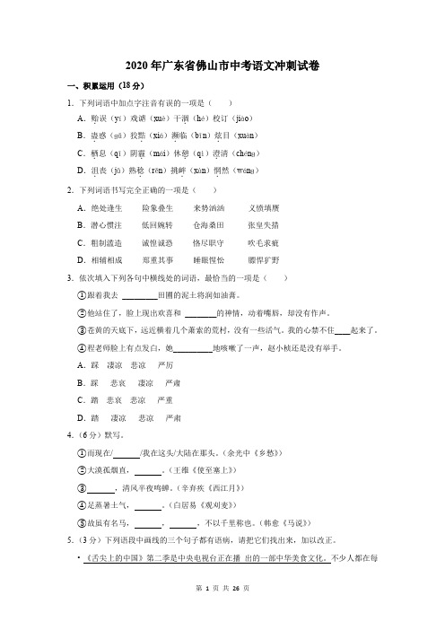 2020年广东省佛山市中考语文冲刺试卷及答案解析