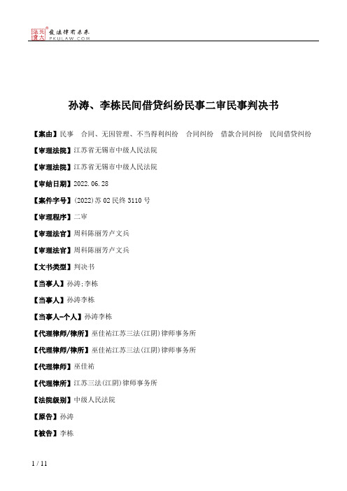 孙涛、李栋民间借贷纠纷民事二审民事判决书