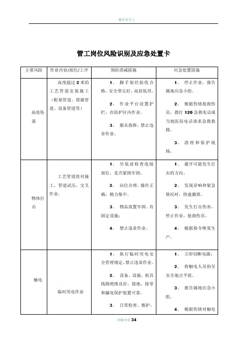 各岗位风险识别及应急处置卡