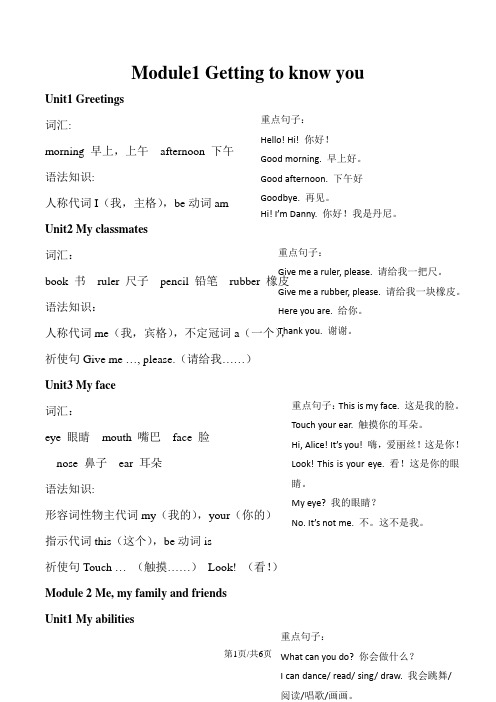 一年级上册英语素材知识点整理 牛津上海版