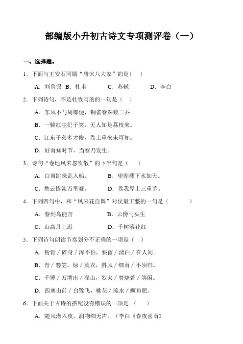 2020统编部编人教版语文：小升初古诗文专项测评卷(一)含答案