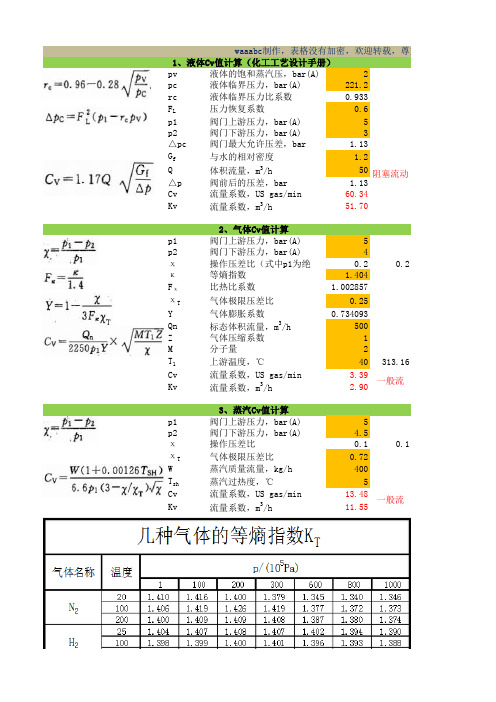 阀门Kv值计算表