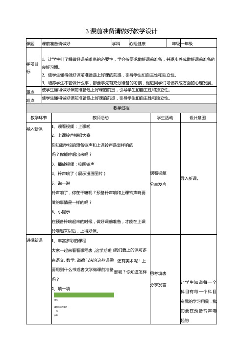 3《课前准备请做好》教学设计教科版心理健康一年级下册