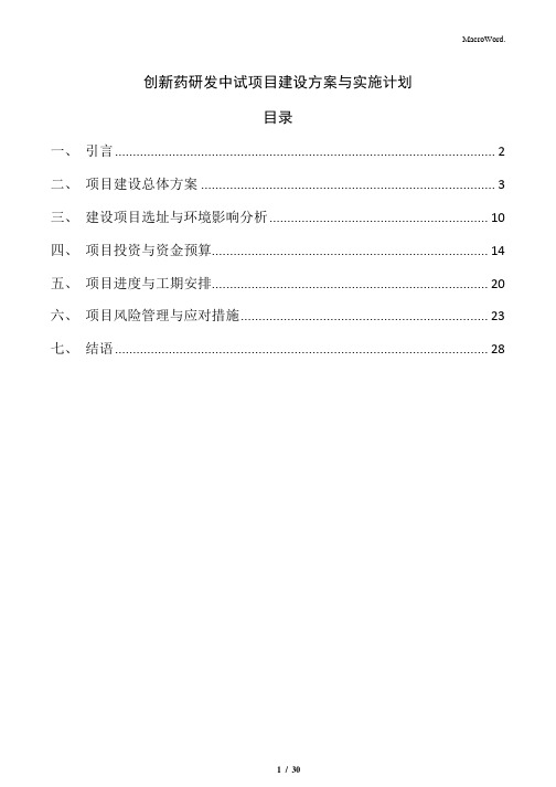 创新药研发中试项目建设方案与实施计划