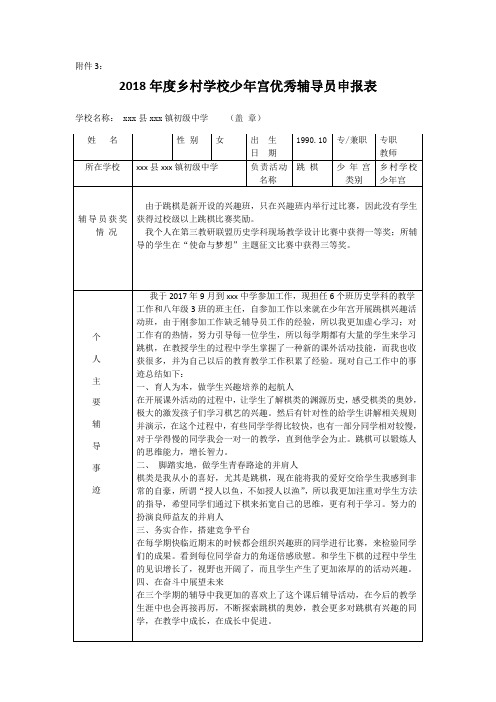 少年宫优秀辅导员申请表