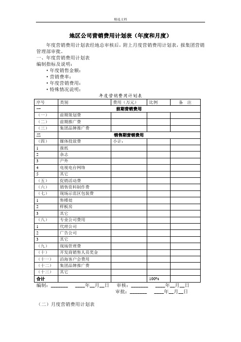 地区公司营销费用计划表年度和月度