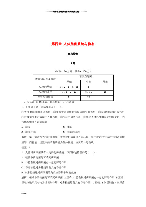 高中生物 第四章 人体免疫系统与稳态章末检测 中图版必修3