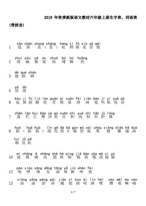 2019年秋季新版语文教材六年级上册生字表、词语表(带拼音)