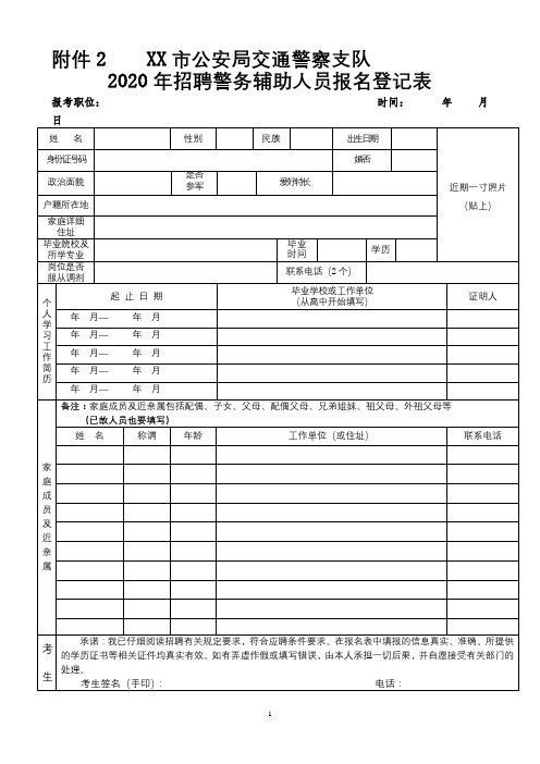 XX市公安局交通警察支队2020年招聘警务辅助人员报名登记表【模板】