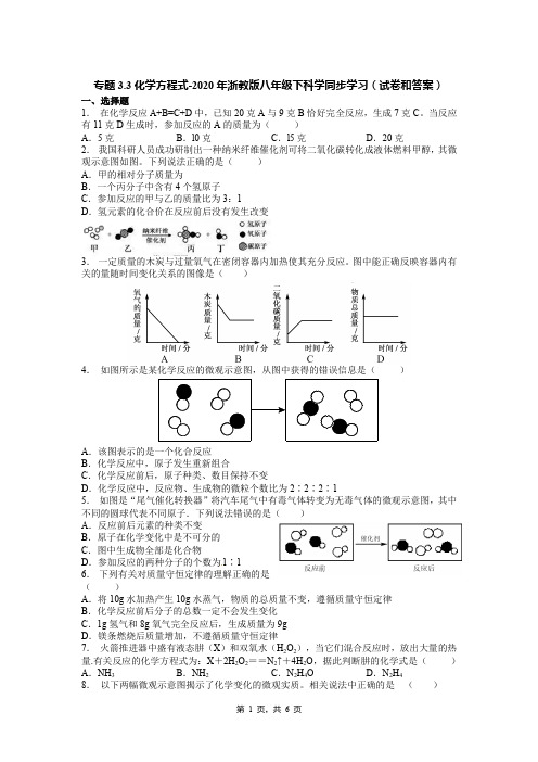 专题3.3化学方程式-2020年浙教版八年级下科学同步学习(试卷和答案)