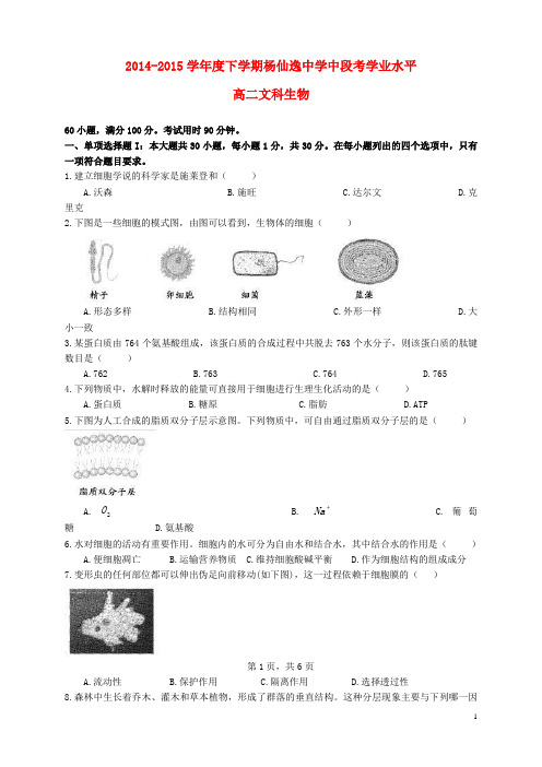 广东省中山市杨仙逸中学2014-2015学年高二生物下学期期中试题 文