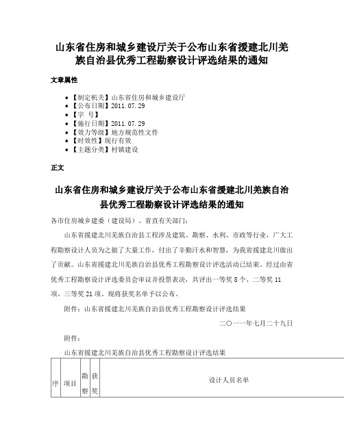 山东省住房和城乡建设厅关于公布山东省援建北川羌族自治县优秀工程勘察设计评选结果的通知