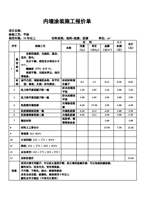 内墙涂装施工报价单