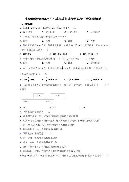 小学数学六年级小升初模拟模拟试卷测试卷(含答案解析)