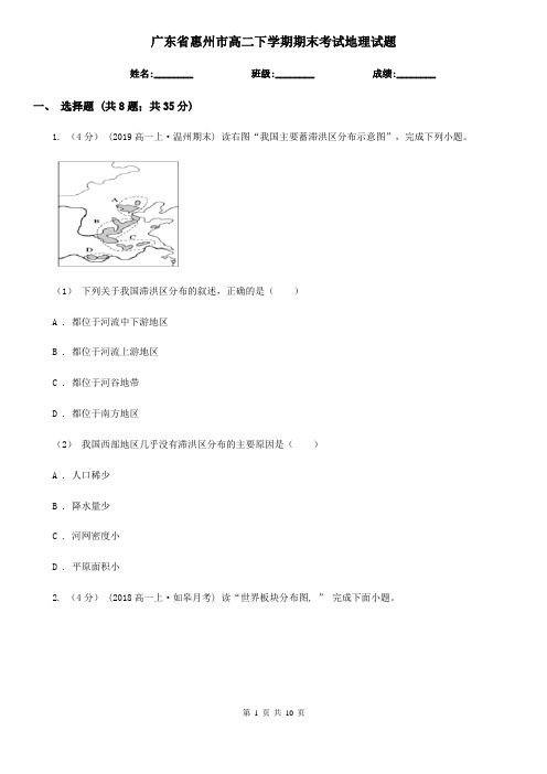 广东省惠州市高二下学期期末考试地理试题